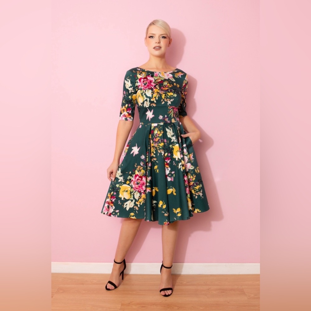 NWT Pretty Dress Company Hepburn Seville Forest Green Swing Dress - UK 12